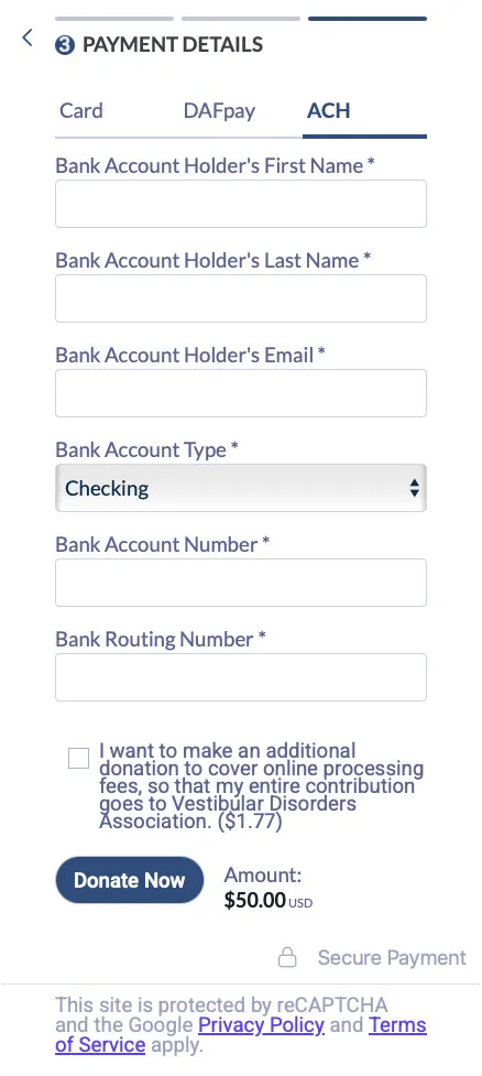 Screenshot of ACH tab on donate page showing fields to enter your bank account information.