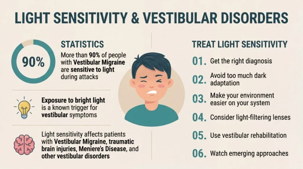 Light sensitivity and vestibular disorders. More than 90% of people with vestibular migraine are sensitive to light. Exposure to bright light is a known trigger for vestibular symptoms. Light sensitivity affects patients with vestibular migraine, traumatic brain injuries, Meniere's disease, and other vestibular disorders. To treat light sensitivity, get the right diagnosis, avoid too much dark adaptation, make your environment easier on your system, consider light-filtering glasses, use vestibular rehabilitation, and watch out for emerging therapies.