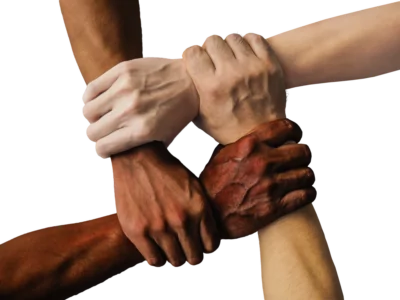 A spiral of 4 people's right arms, holding the wrist of their neighbor. Multiple skin tones.