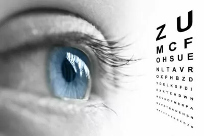 Blue eye with eye chart
