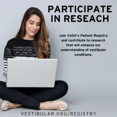 Woman sitting at a computer with the headline, "Participate in Research."