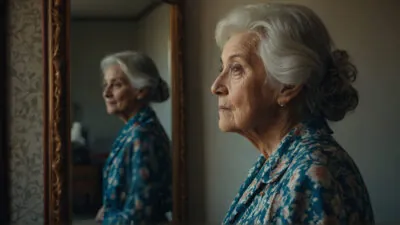 Older woman gazing into the distance and her reflection in a mirror.