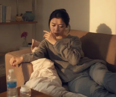 Asian woman sitting on the couch looking slightly worried, with a bottle of water and other tools within reach.
